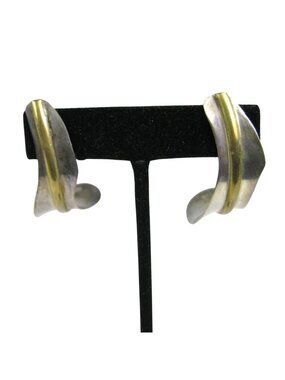 Vintage Mexico Sterling Silver 925 Brass Modernist Hoop Earrings Handmade TJ3